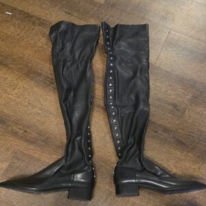 Zara Black Over-the-Knee Flat Riding Boots with Side Stud Trim